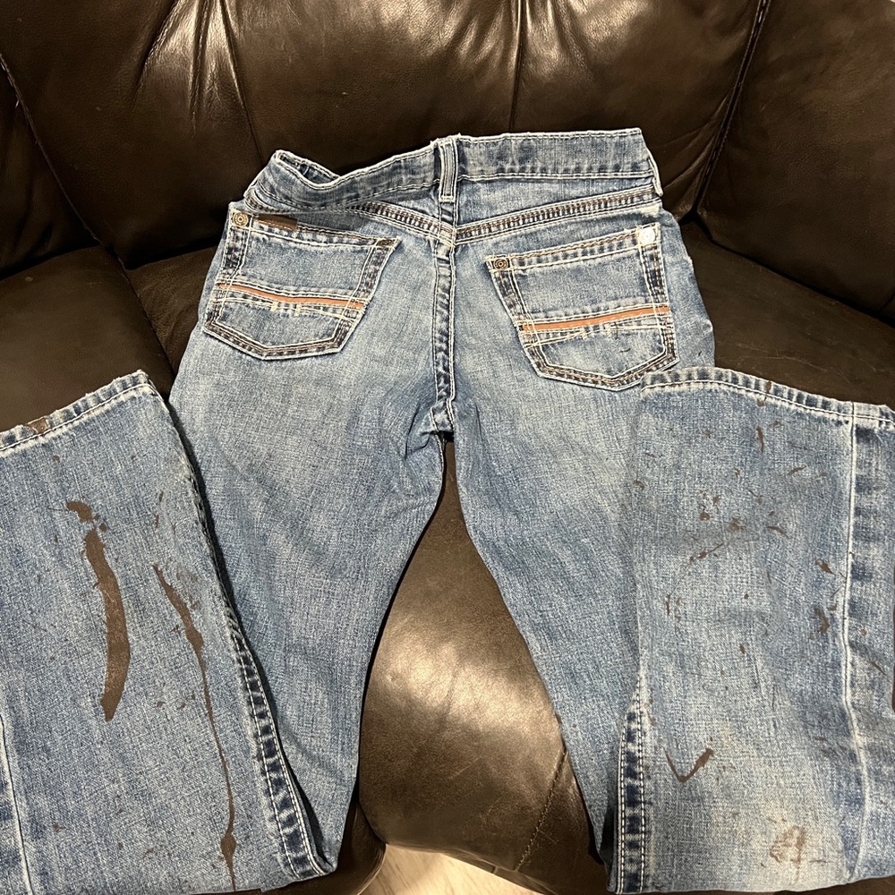 Ariat B4 boys sz 14 Relaxed Fit Distressed PAINTED Blue Jeans adjustable waist